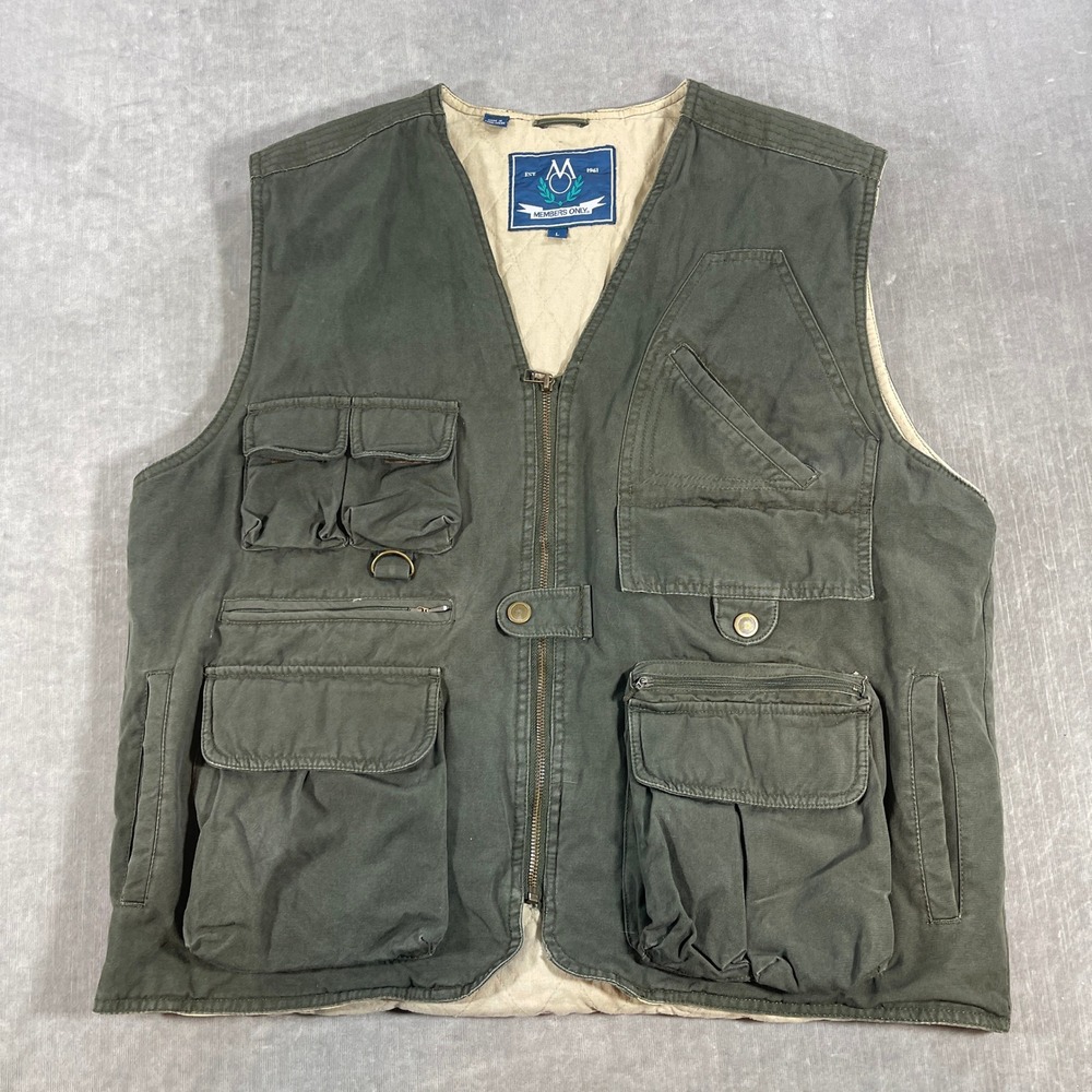 Members Only Mens Large Olive Green‎ Utility Pockets Quilted Lining Vest